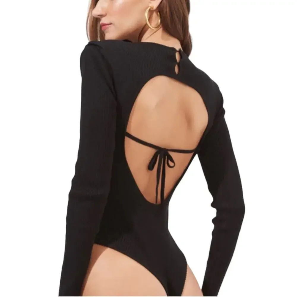 ASTR The Label Felice Long Sleeve Back Cut Out Sweater Black Bodysuit MEDIUM